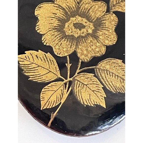 Vintage 1950s Black Enamel Copper Brooch With Gold Flower - Picture 6 of 6